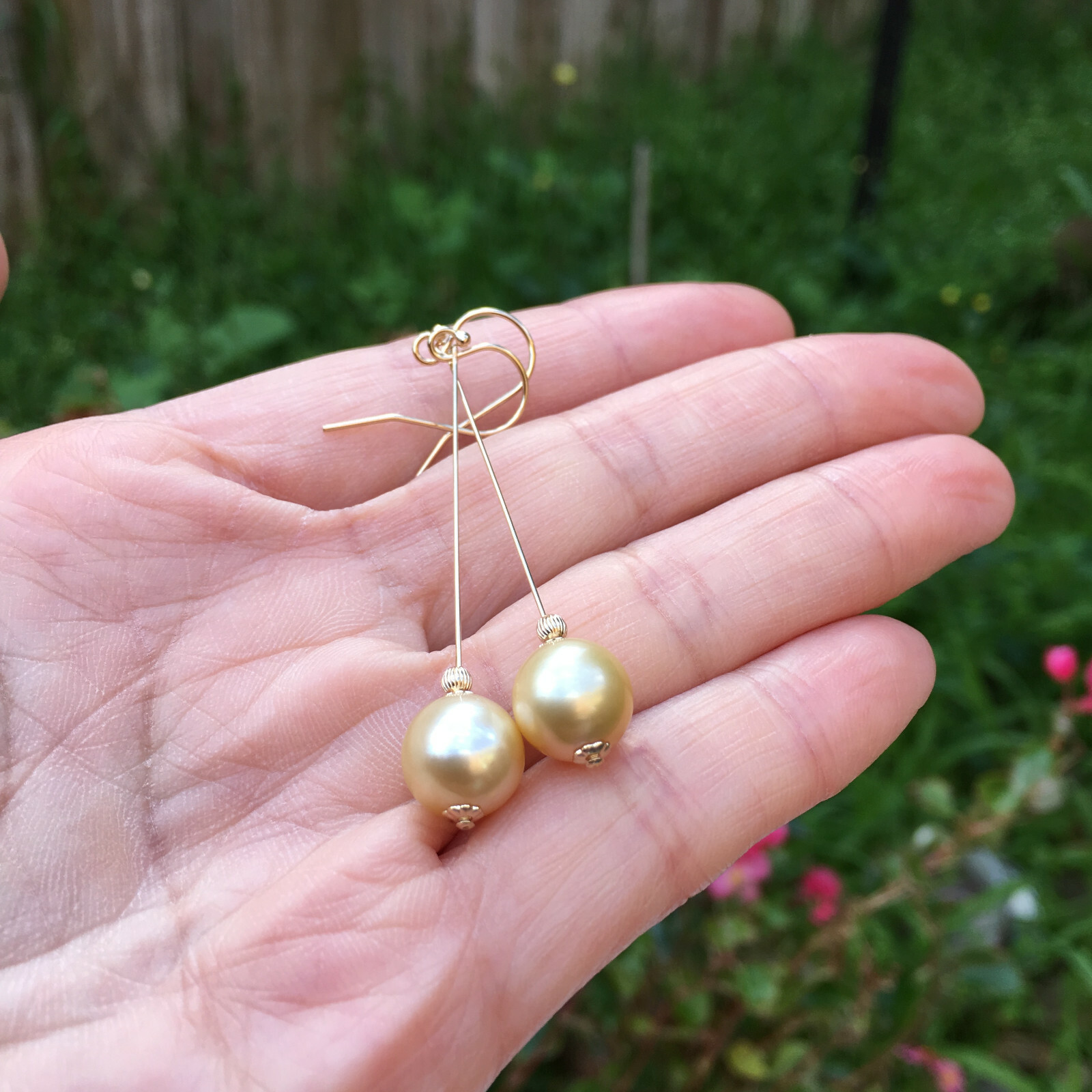 9.5-10mm natural high luster Australia gold seawater Pearl 14KGF Earring 57mm #2