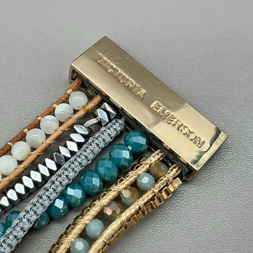 Victoria Emerson Bracelet Multi Strand Teal Beaded Crystal Leather Magnetic 7.5″