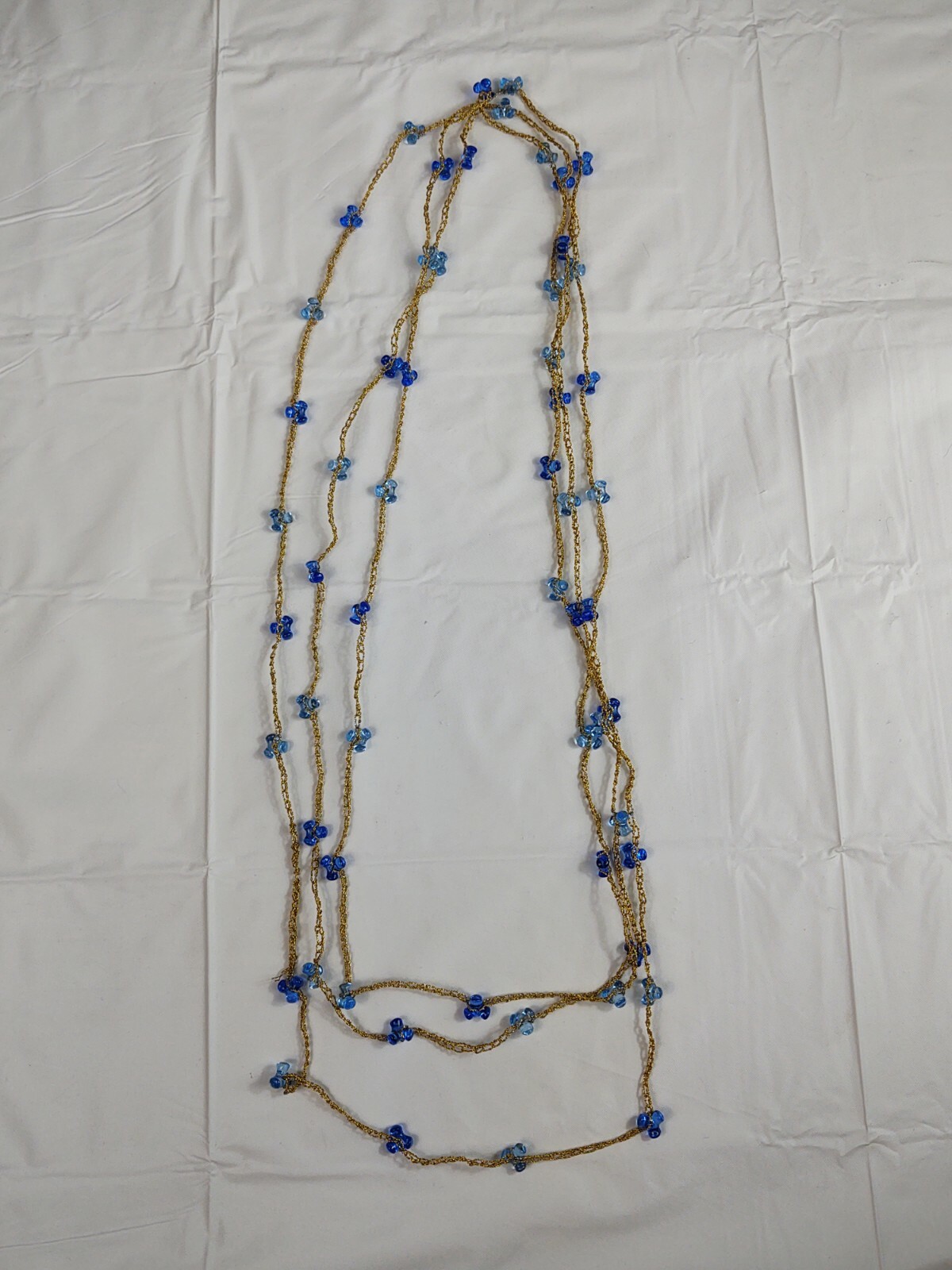 Vintage Blue Plastic Beaded Necklace Long Gold Tone Chain Costume Jewelry