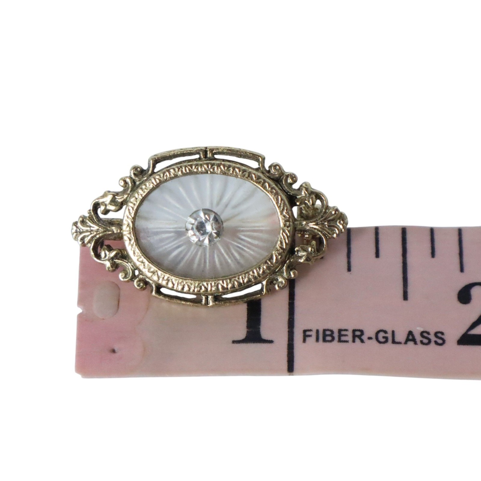 Vintage Camphor Glass Rhinestone Brooch Pin Gold Tone Filigree Oval Art Nouveau