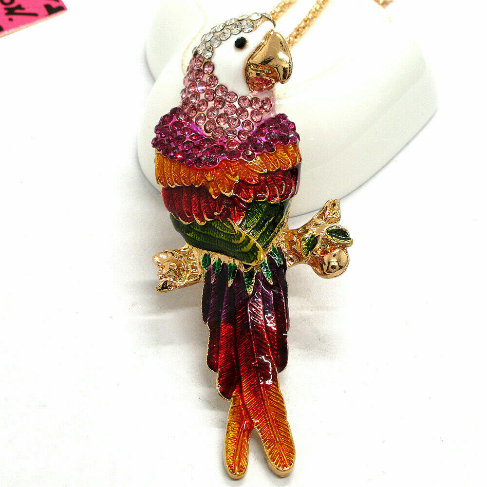New Betsey Johnson Enamel & Crystal Macaw Parrot Bird Pendant Sweater Necklace I