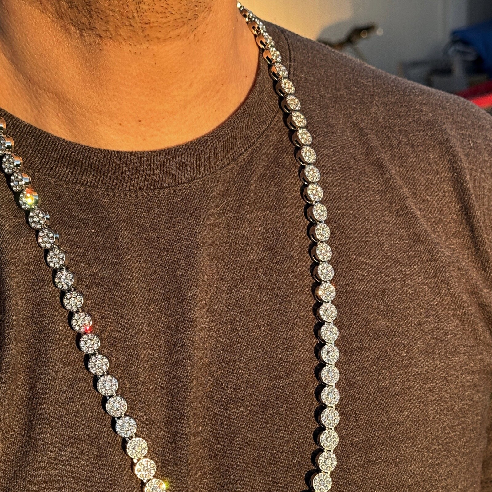 Men’s Flower Cluster Chain Simulated CZ Iced Flooded Out One Row Silver Tone 36″