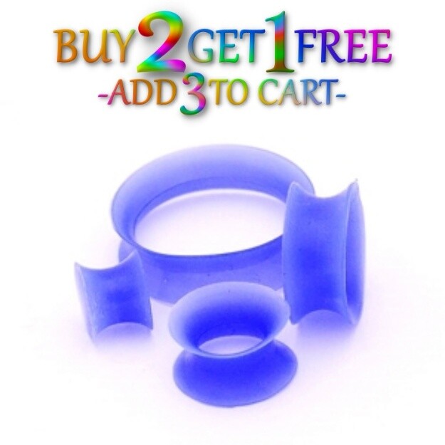 Pair 8g-40mm BLUE SILICONE EARSKIN TUNNELS Double Flare Gauges Thin Flesh 1020