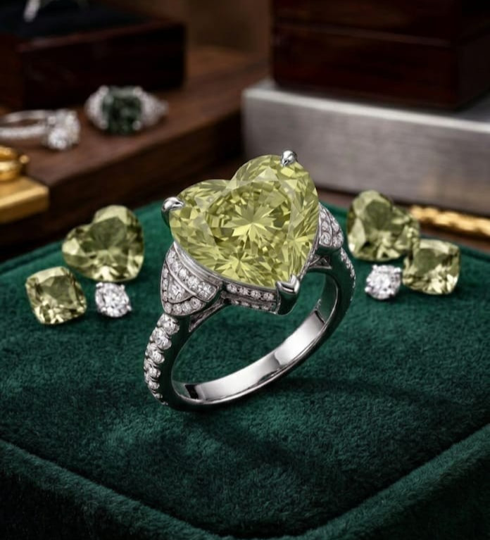 8.00 Ct Certified Heart Shape Yellowish Green Natural Diamond Engagement Ring