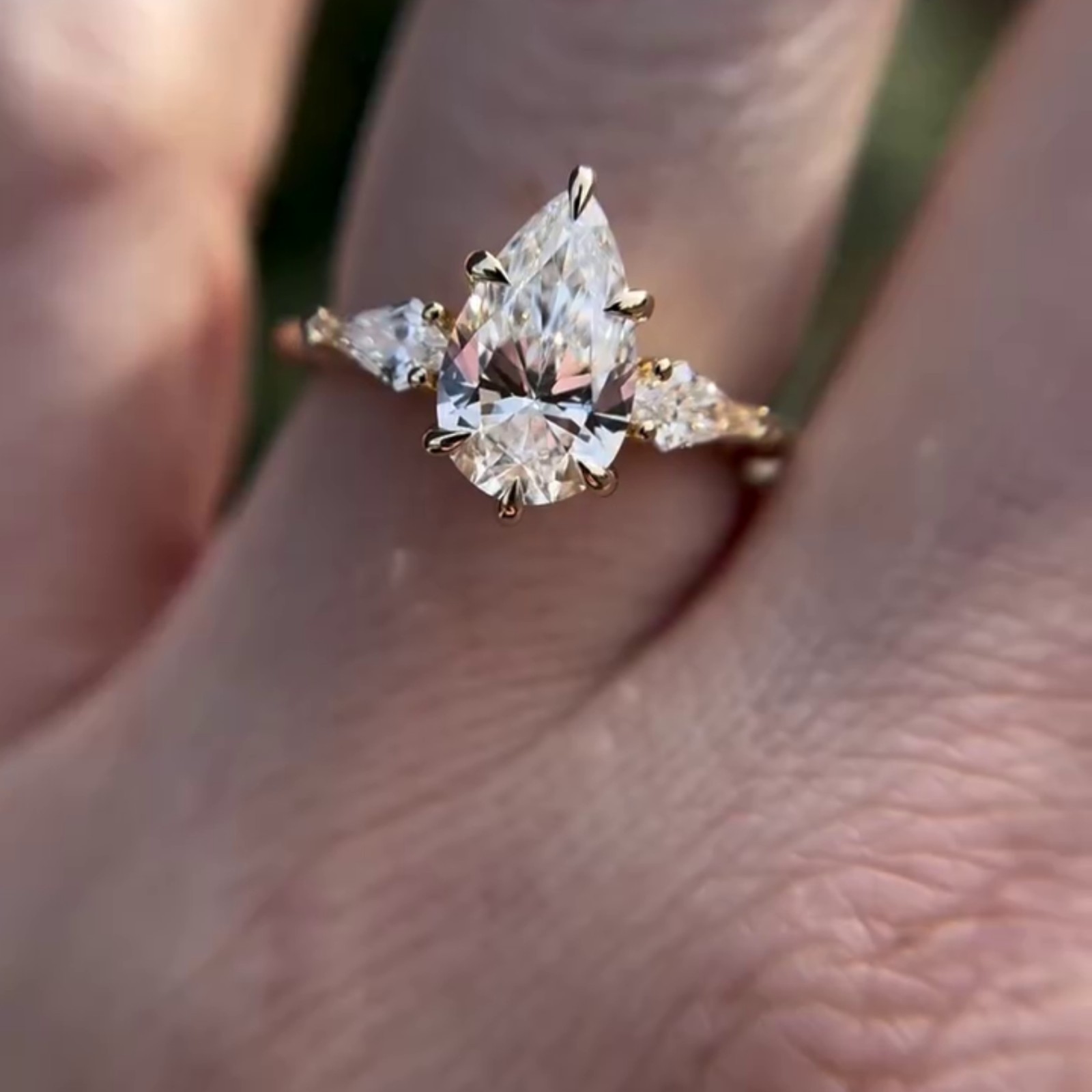 Floral 3 CT Pear Three Stone Moissanite Side Stone Kite 14K Yellow Gold Plated