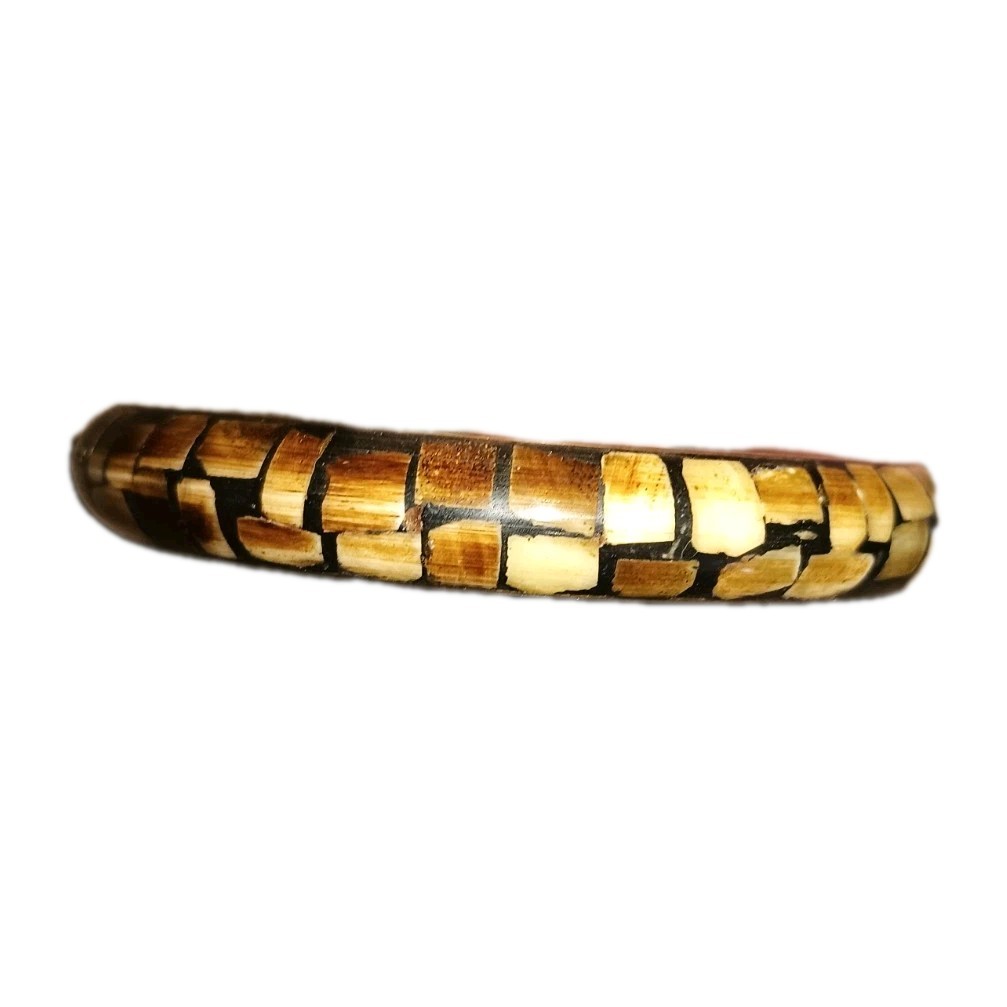 Gold Brass Brown Wood/ Shell? Resin Inlay 3″ Diameter Plus Size Bangle Bracelet