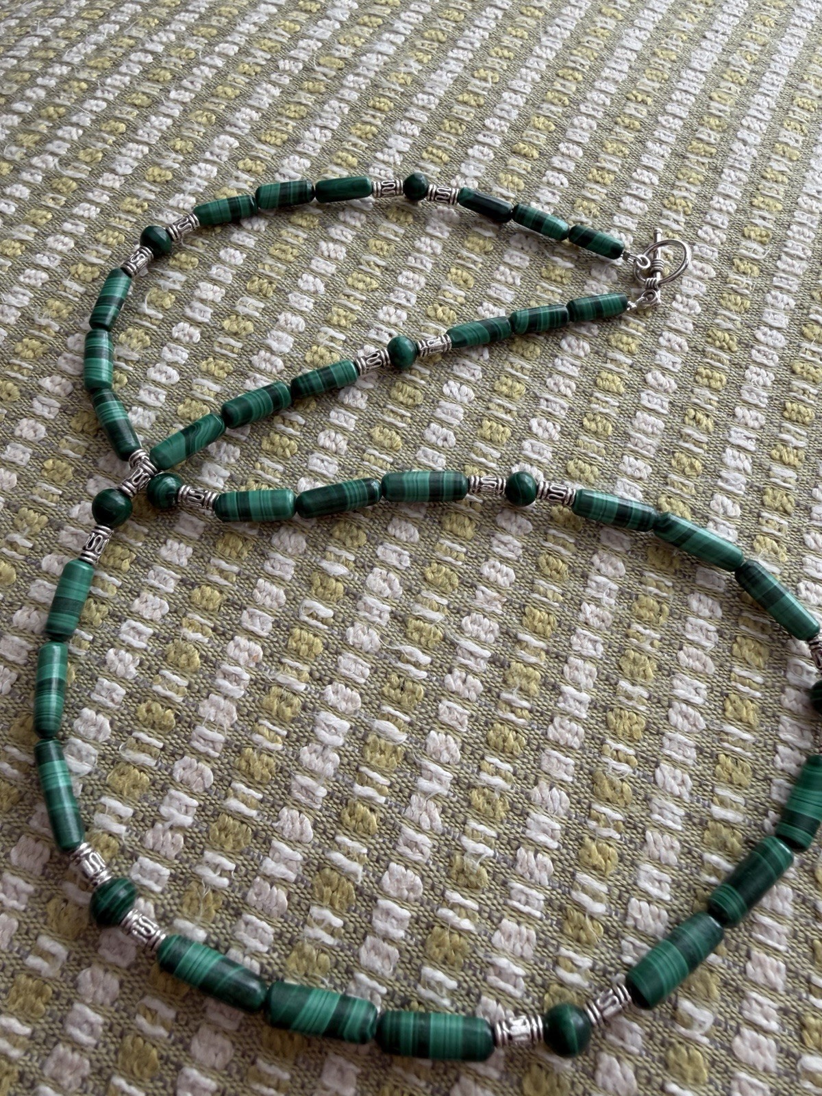 Malachite Tube Necklace with silver plated accents w/Toggle Clasp 24 inch long