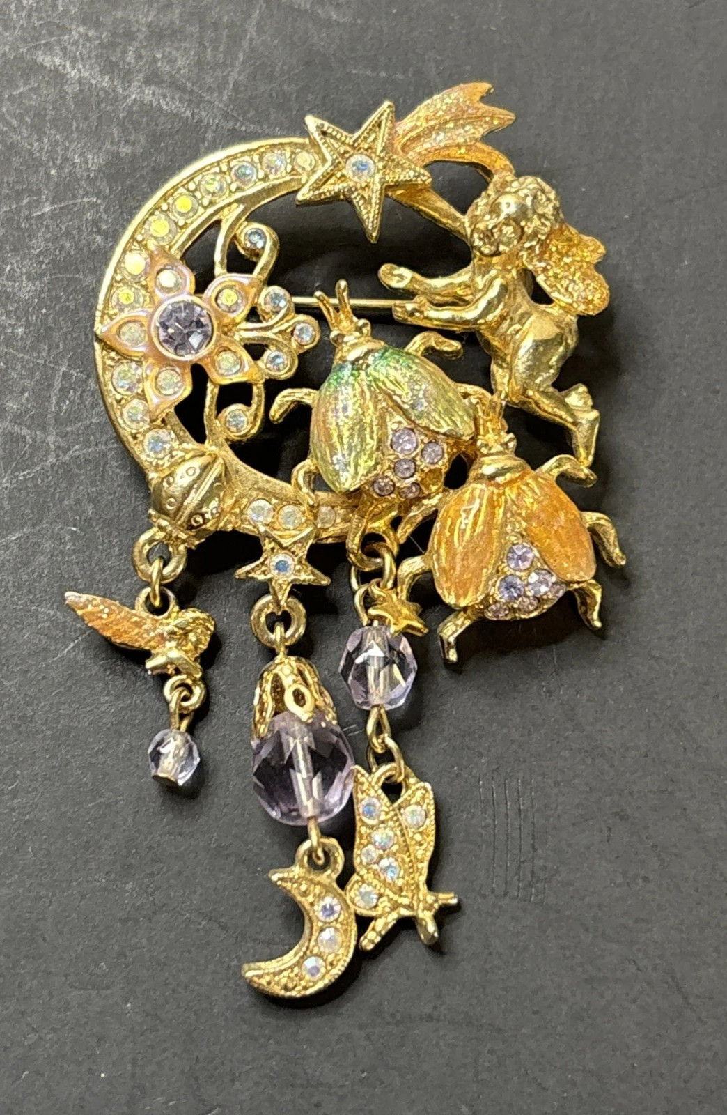 Signed Kirks Folly Fairy Fireflies Brooch Pin Dangle Stars Moon Flowers flies