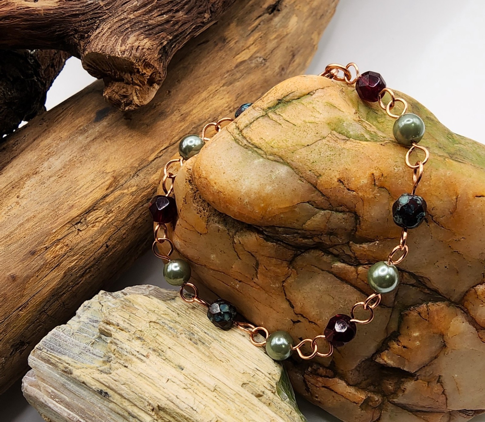 Handcrafted Copper Chain Bracelet with Czech Garnet, Sage Green and Burgundy Red