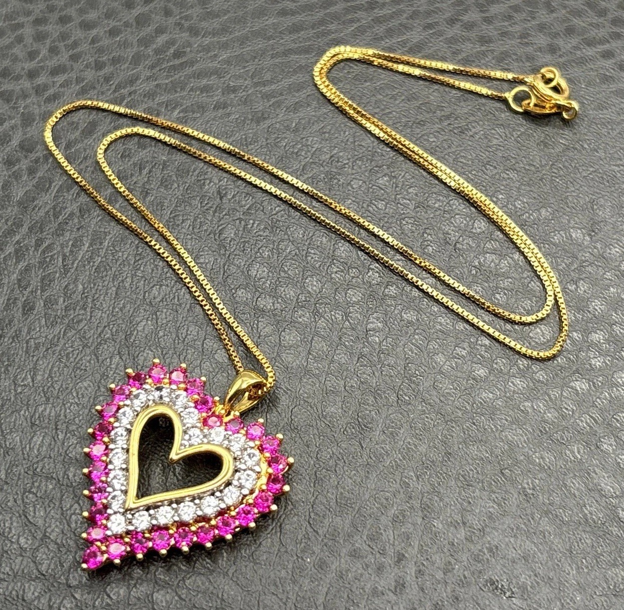 Signed BR Lab Ruby Pink Heart Pendant Necklace Gold Plated 18” Chain