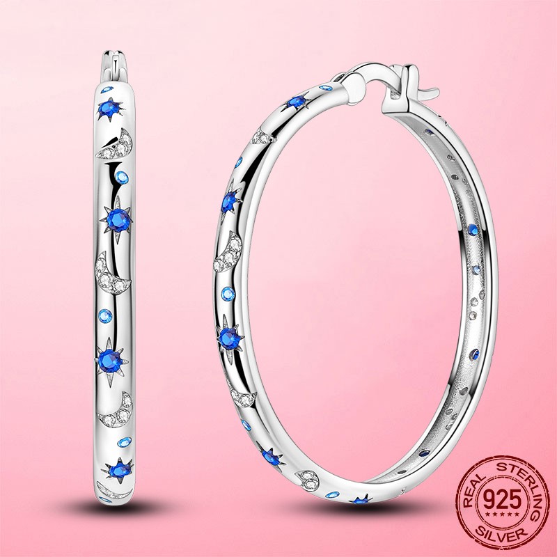 LAZA 925 Sterling Silver Women Hoop Earrings Sparkling Starry Night Moon Blue CZ