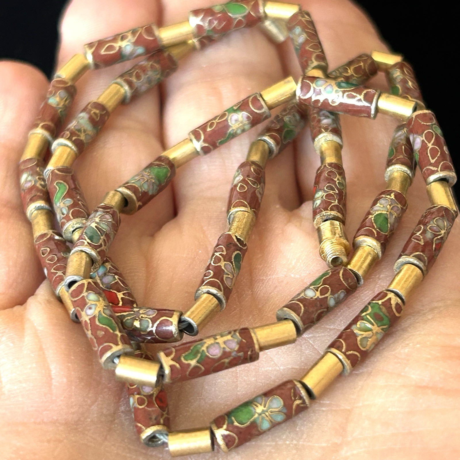 Vintage Chinese Export Cloisonne Enamel Tube Bead Necklace Red Gold Tone 22”