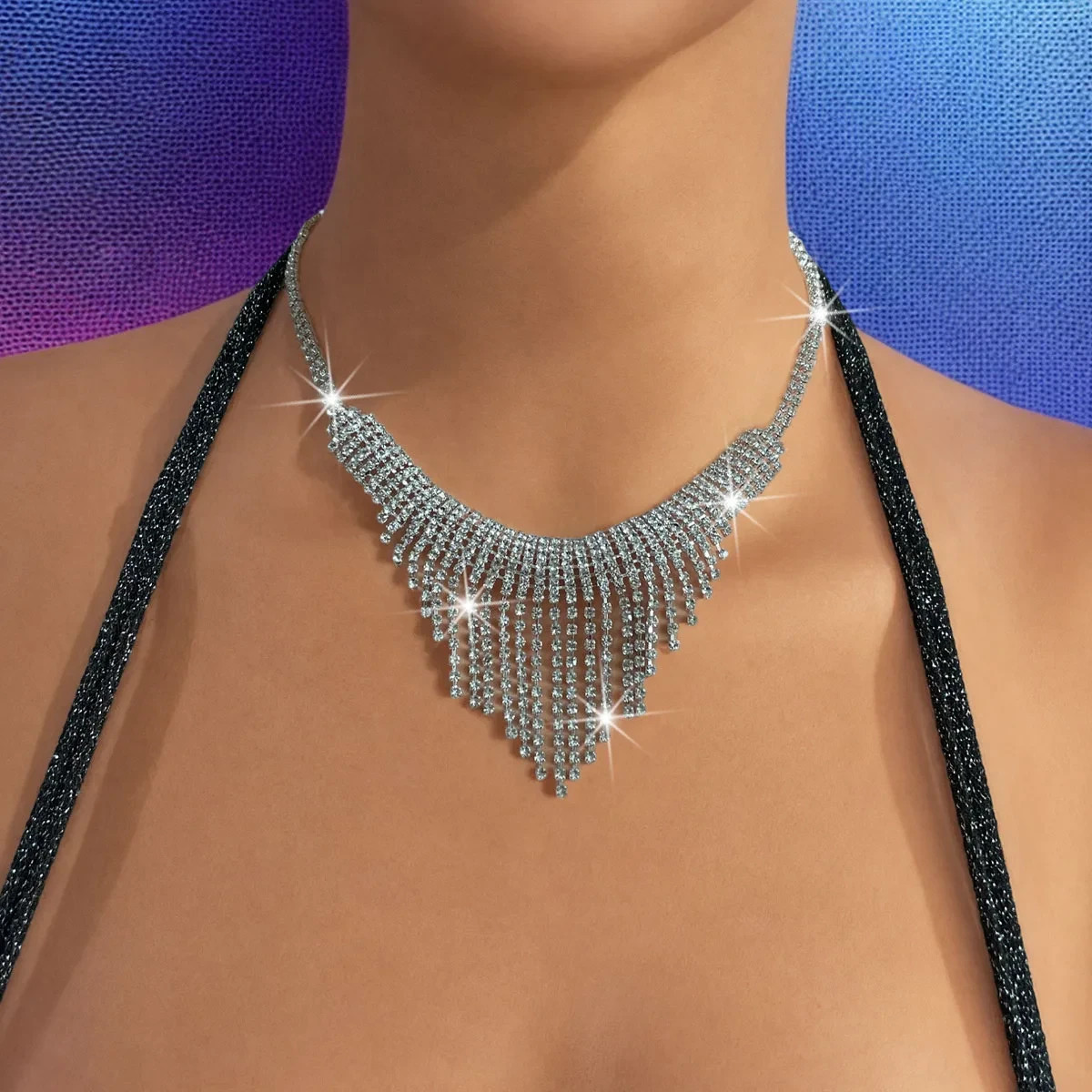 Women Rhinestone Tassel Necklace Jewelry Accessory Choker 96-3