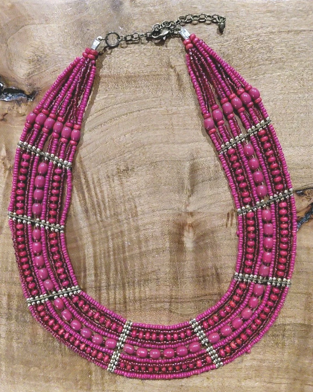 Vtg Gold Necklace with Dark Pink Glass Seed Beads by MIXIT Dark-Pink
