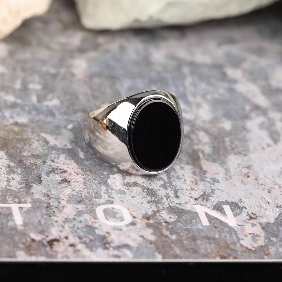Men’s Ring High Quality 316L Stainless Steel Gold Silver Color Black Onyx Oval