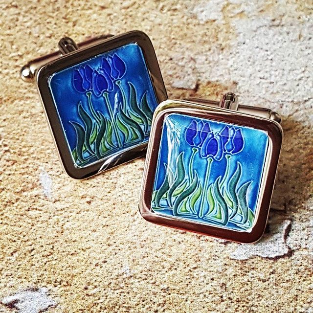Unique BLUE TULIPS CUFFLINKS chrome ART NOUVEAU groom TILE vintage SUIT wedding