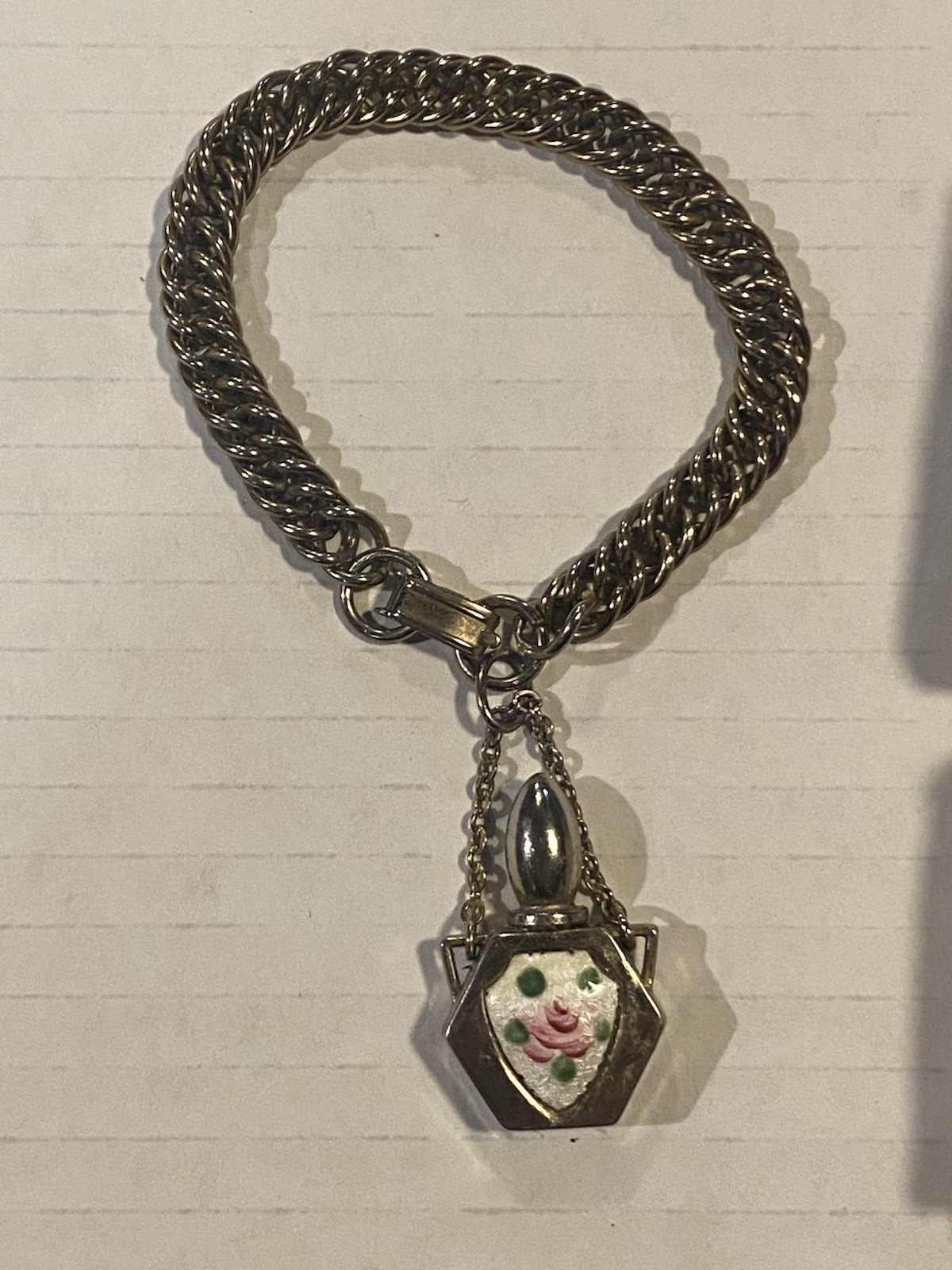 Vintage Perfume Flask Charm Bracelet With Enamel Rose Gold Tone ~1950’s