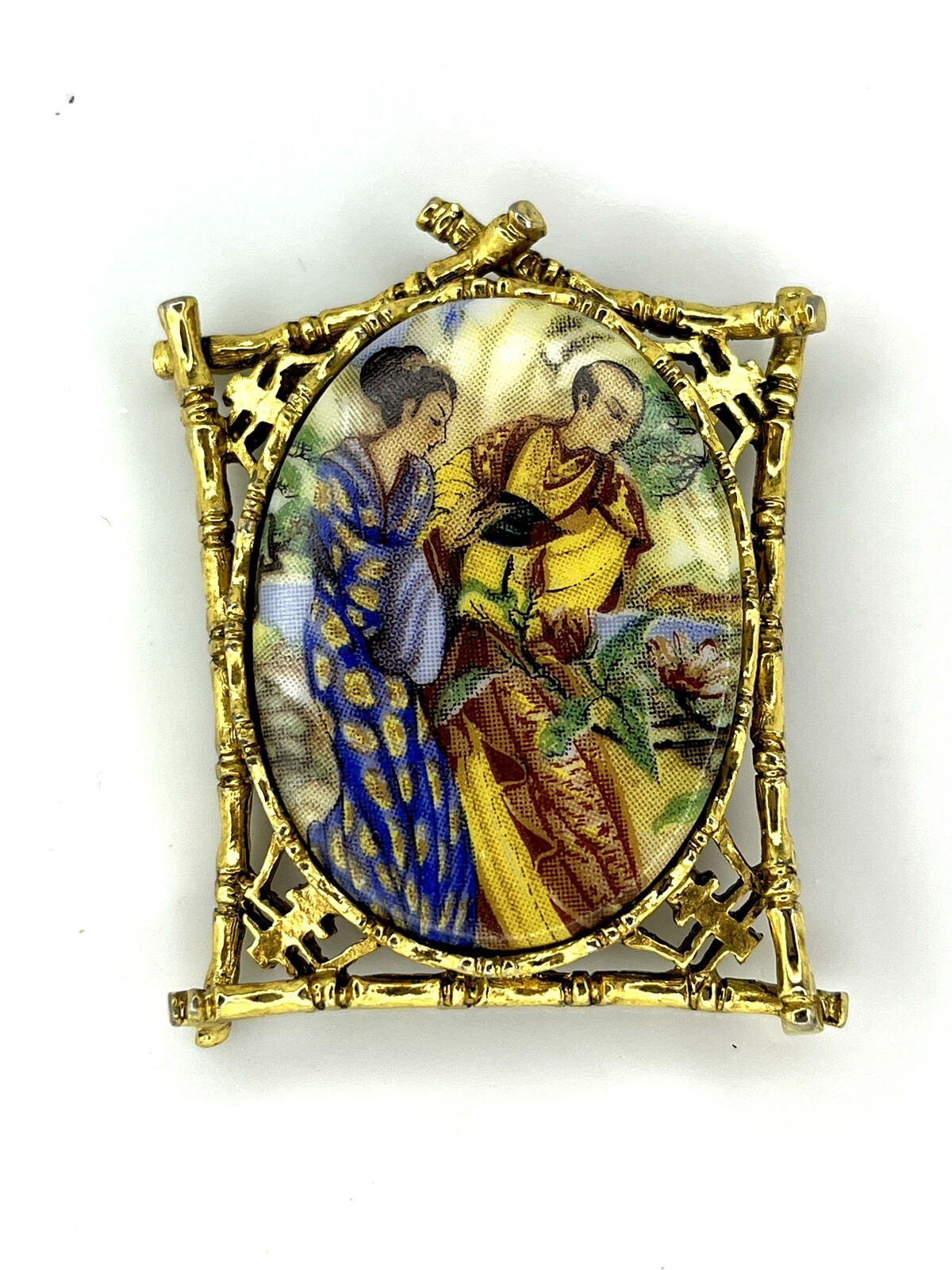 Vintage ART Arthur Pepper Enamel Brooch Bamboo Frame Asian Couple Scene Signed