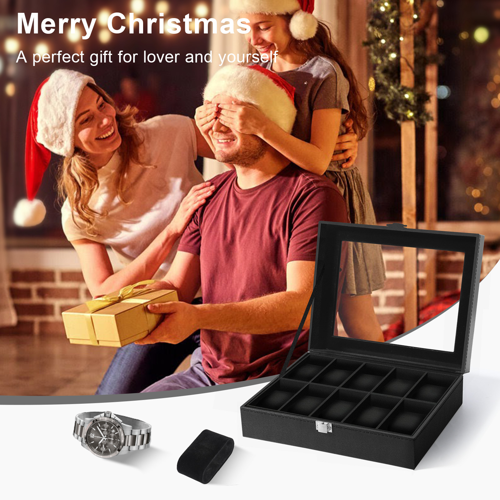 10 Slots Watch Box PU Leather Watch Case Storage Glass Lid Jewelry Display Case