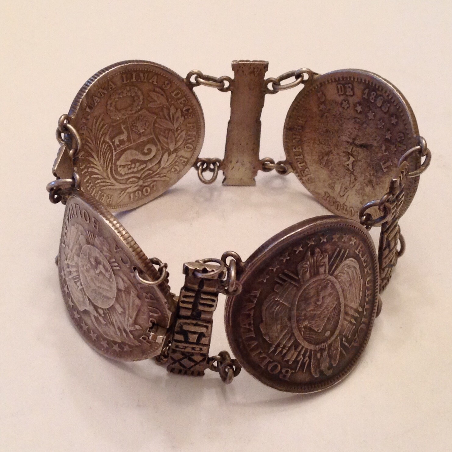 ~Antique Sterling Silver Bracelet – Coins of Bolivia & Peru 1865 – 1907