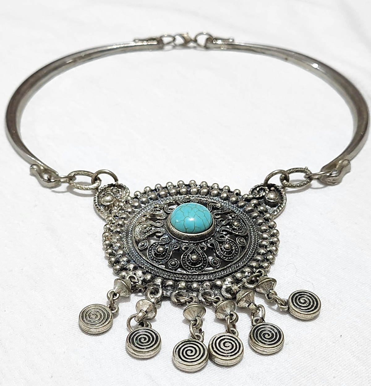 Tribal Mandala Turquoise Choker Necklace Antique Style Swirl Fringe Collar 68g