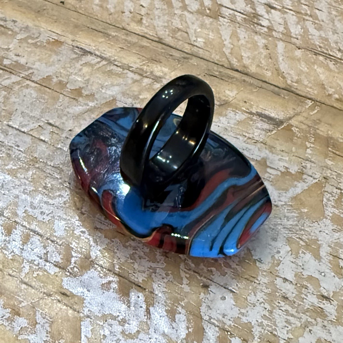 Vintage Plastic Multicolor Swirl Chunky Ring Turquoise Red Black Yellow Size 6.5