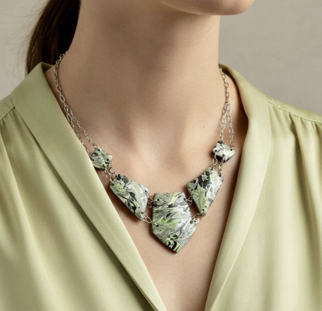 Green Black Silver Choker Style Handmade Polymer Clay Large Necklace SS Chain