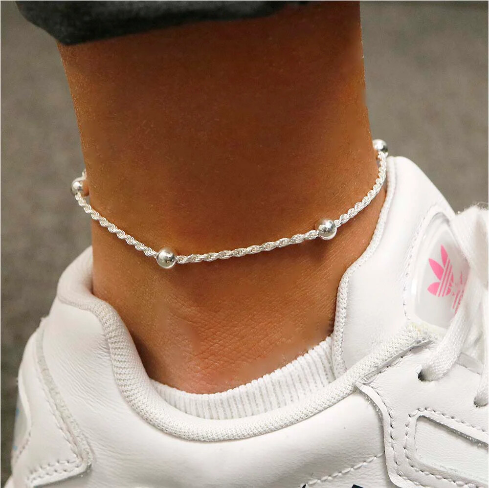 1.5MM Solid 925 Sterling Silver Italian Diamond Cut Rope Bead Anklet 9″ or 10″
