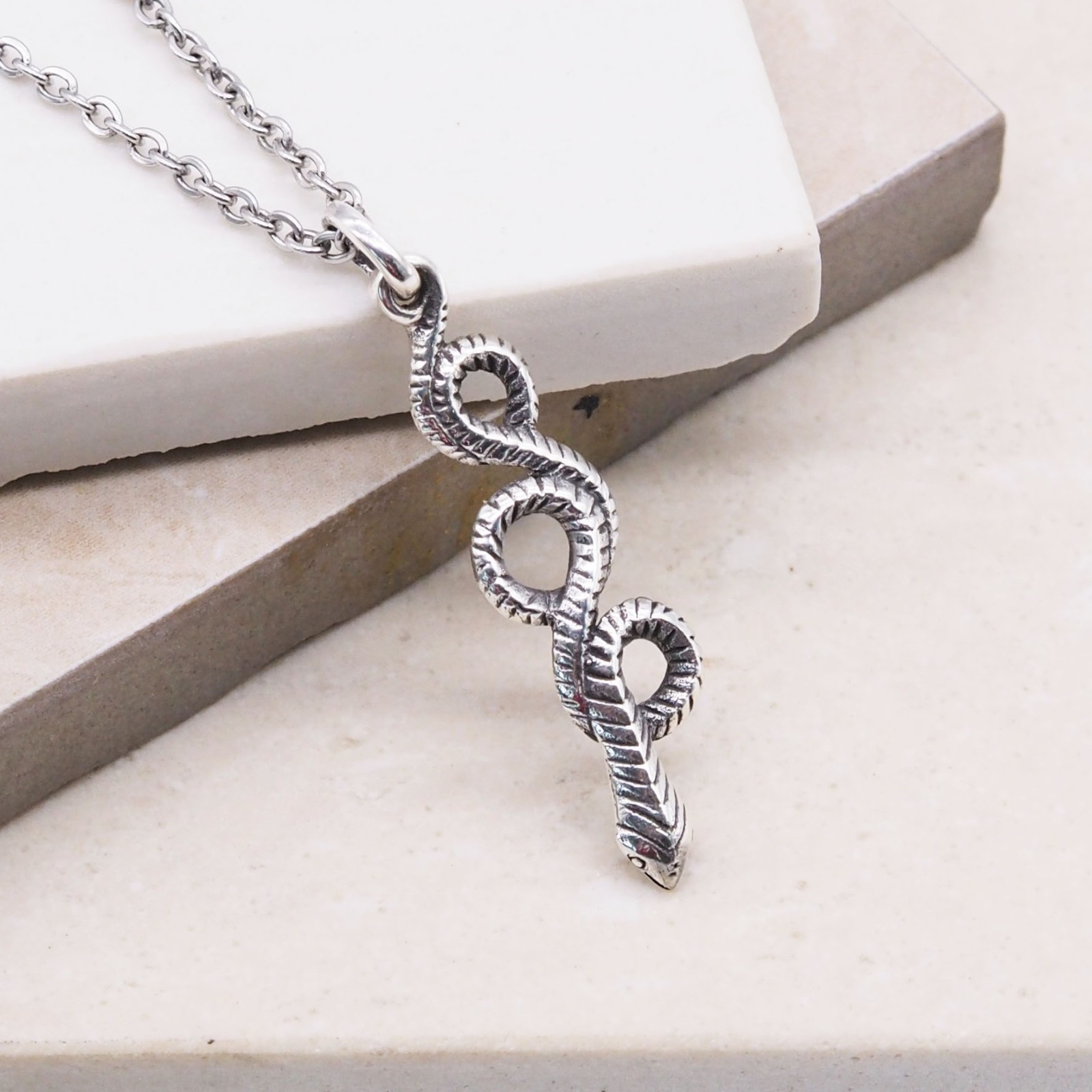 925 Sterling Silver Snake Charm, Coiled Serpent Pendant Necklace, Gothic Jewelry