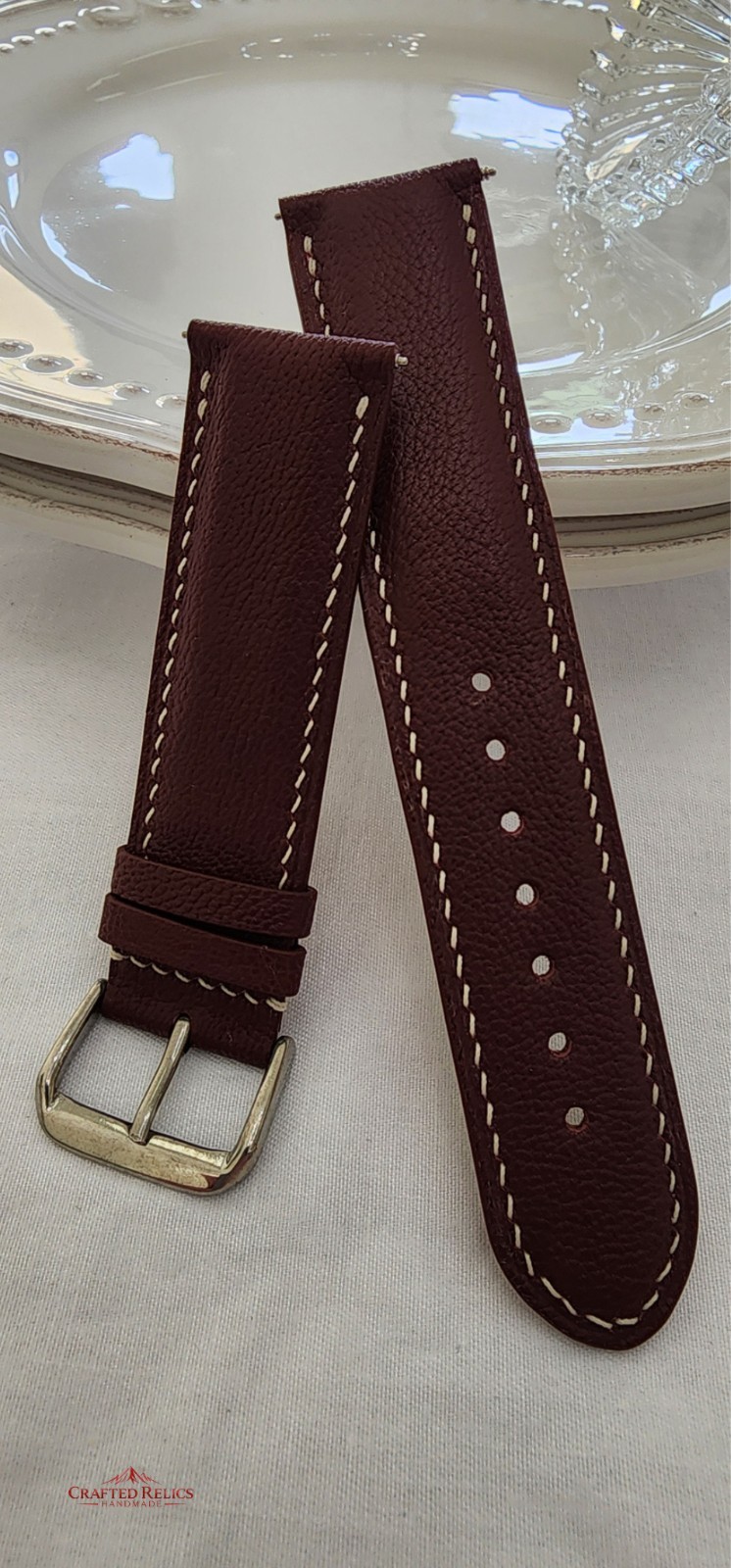 22mm Burgundy French Sheepskin Leather Watch Strap Handmade 22-20