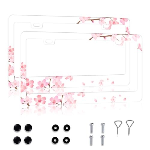 Cherry Blossom License Plate Frame for Women 2 Pack Cute Flower License White