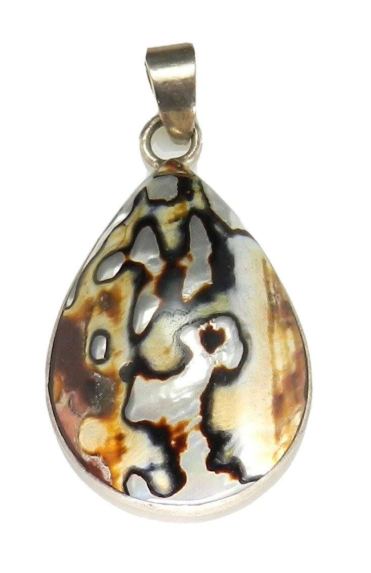 925 Sterling Silver Brown Black White Iridescent Shell Teardrop Shape Pendant