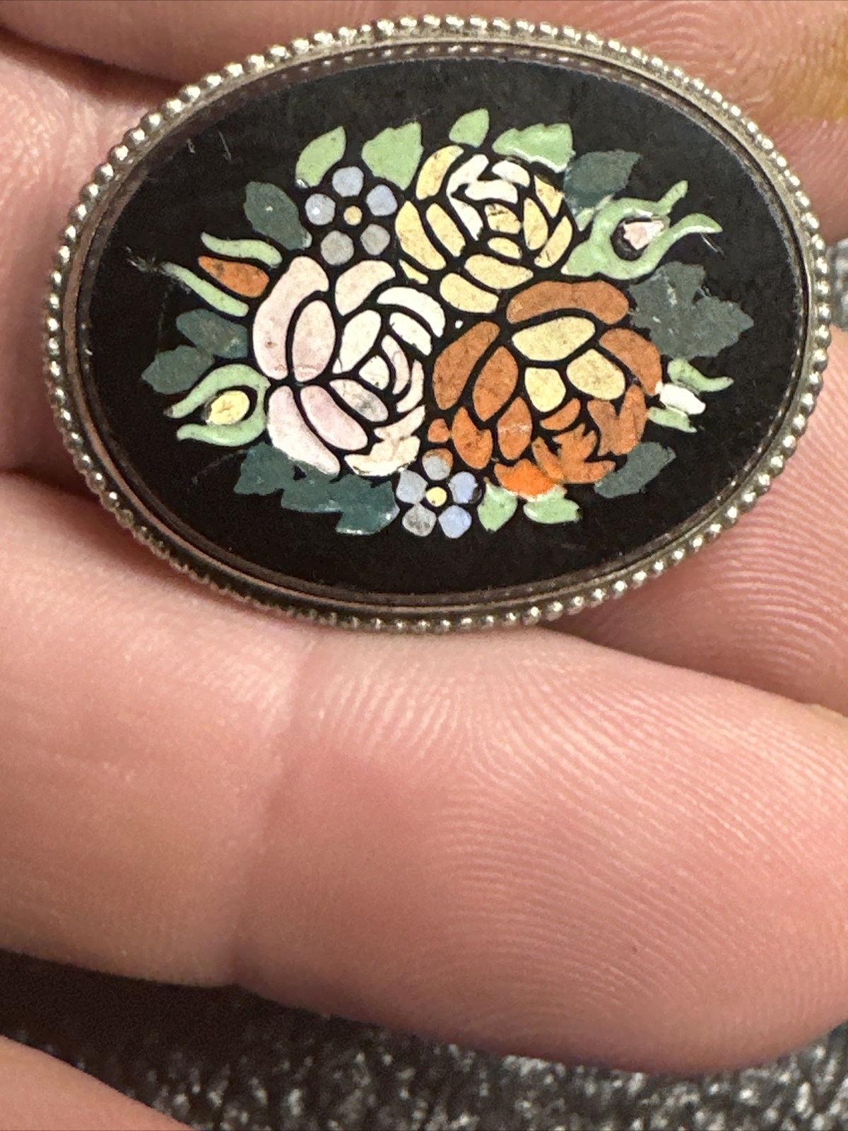 Antique Pietra dura inlay stone victorian brooch As Is