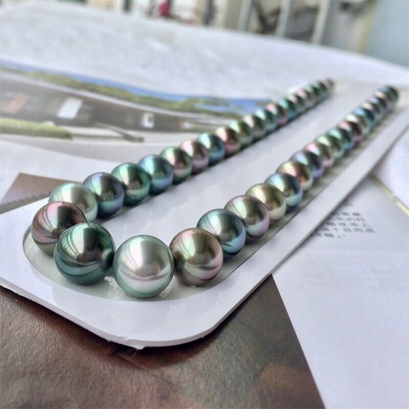 Rare Multi-gray Peacock black Tahitian Pearl 10-11.6mm Top Quality Necklace 43cm