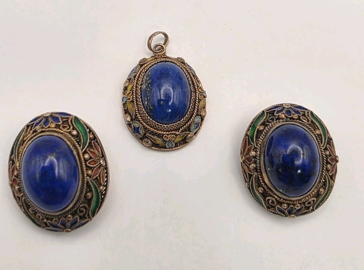 Vintage Chinese Export Married Lapis W/Multicolor Floral Enamel Set – READ