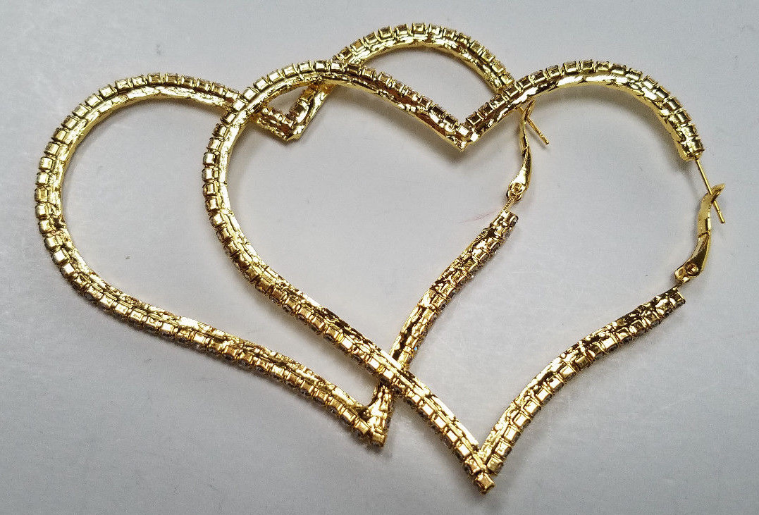 BIG HEART HOOPS GOLD TONE LADIES FASHION EARRINGS SPARKLE WHITE CRYSTALS STONES