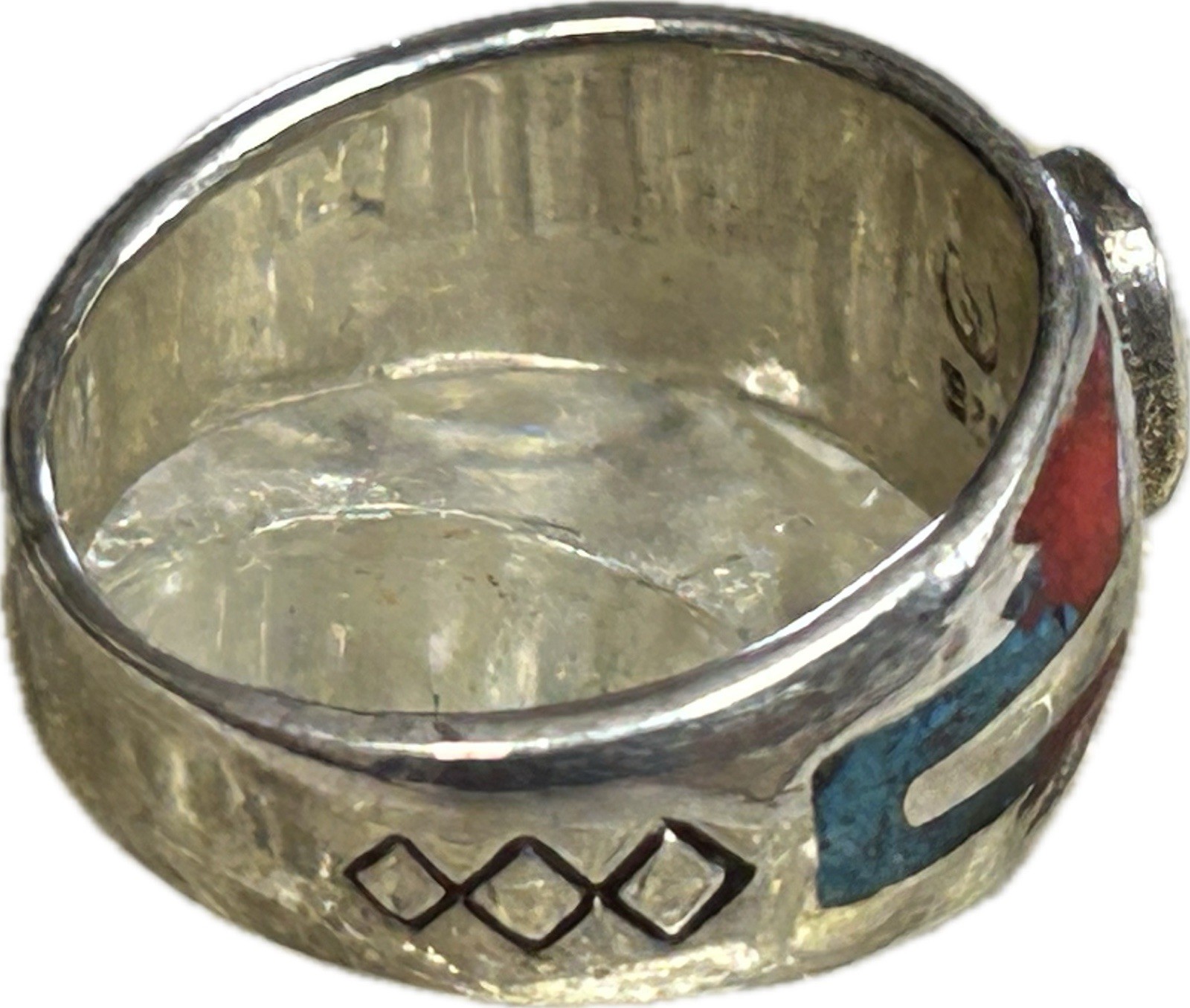 Southwest Silver Ring Native American Indian Style Turquoise with Red Coral