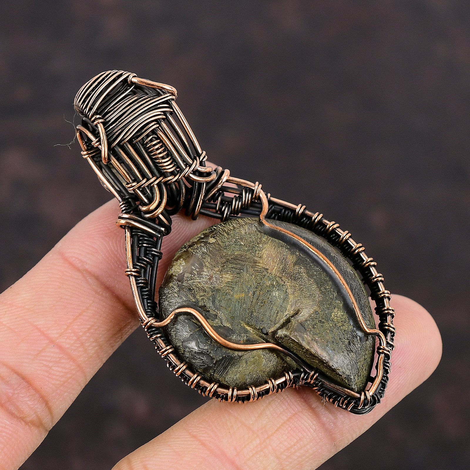 Copper Ammonite Fossil Stone Rainbow Moonstone Unique New Wire Wrapped Pendant