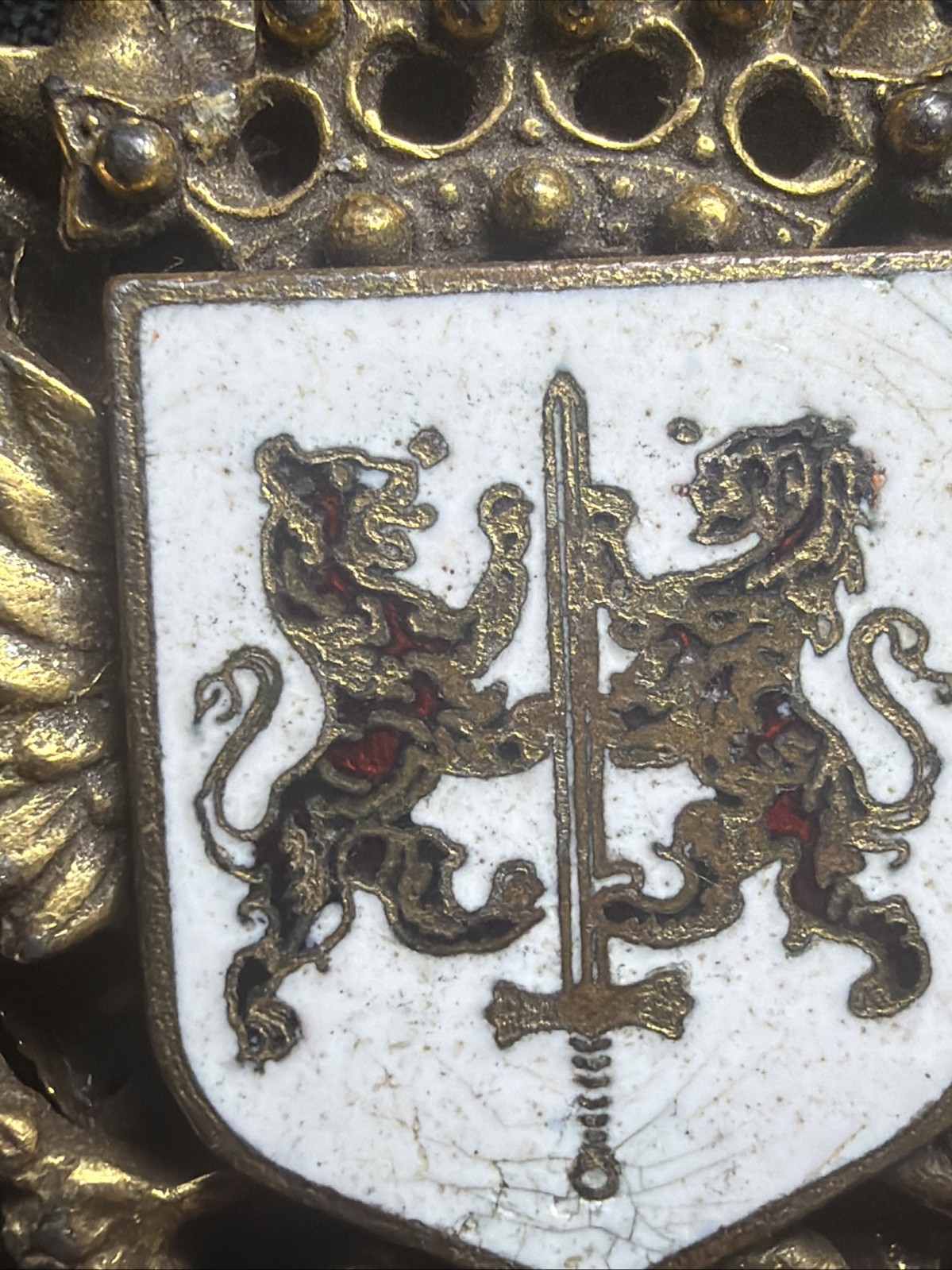 Vintage Heraldic Coat of Arms Standing Red Lions Laurels Fleur De Lis Brooch Pin