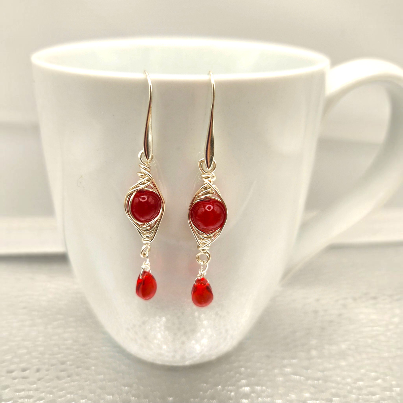 Handmade Stone Herringbone Wire Wrapped Dangle Earrings Gold Silver Bronze