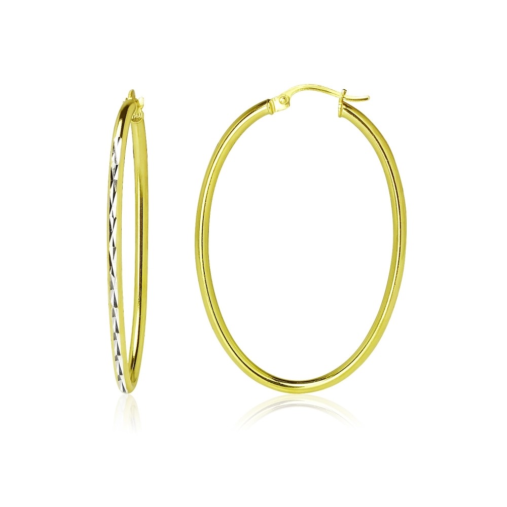 Yellow Gold Flashed 925 Silver Two Tone 2mm Oval Diamond-Cut Hoop Earrings, 30mm