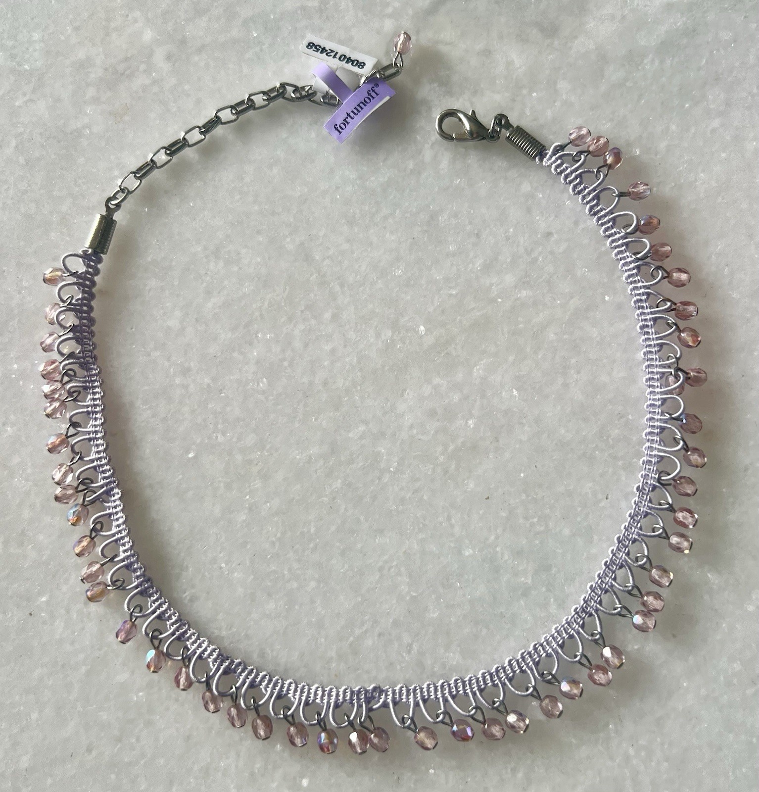 Choker- Lavender Fabric with Lavender iridescent Beads. Fortunoff- New W Tag