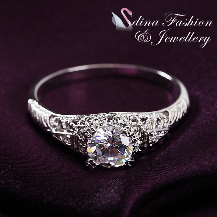 18K White Gold plated AAA Grade Cubic Zirconia Vintage HollowOut Engagement Ring