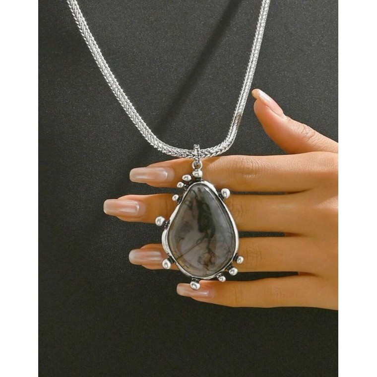 Boho Antiqued Silver Tone Smoky Ink Swirl Teardrop Pendant Wheat Chain Necklace