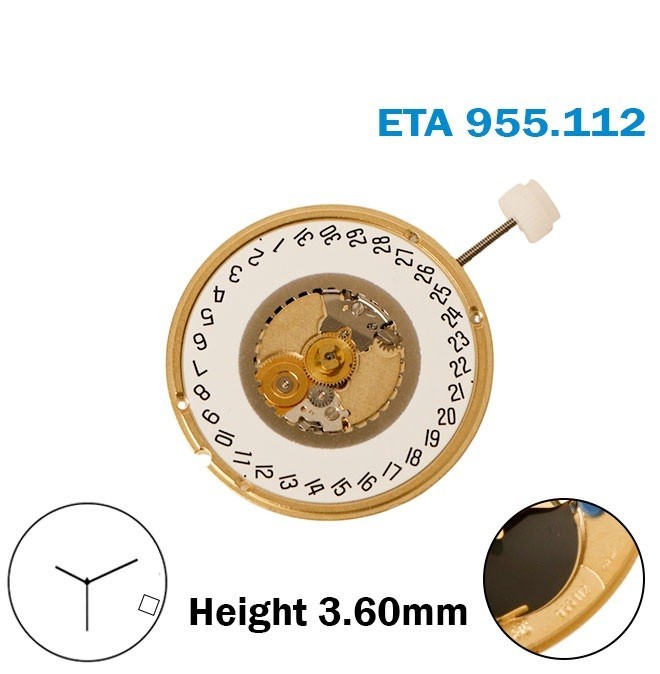ETA 955.112 Swiss Quartz movement-Height:3.60mm- White Date Disk at 4 Horizontal