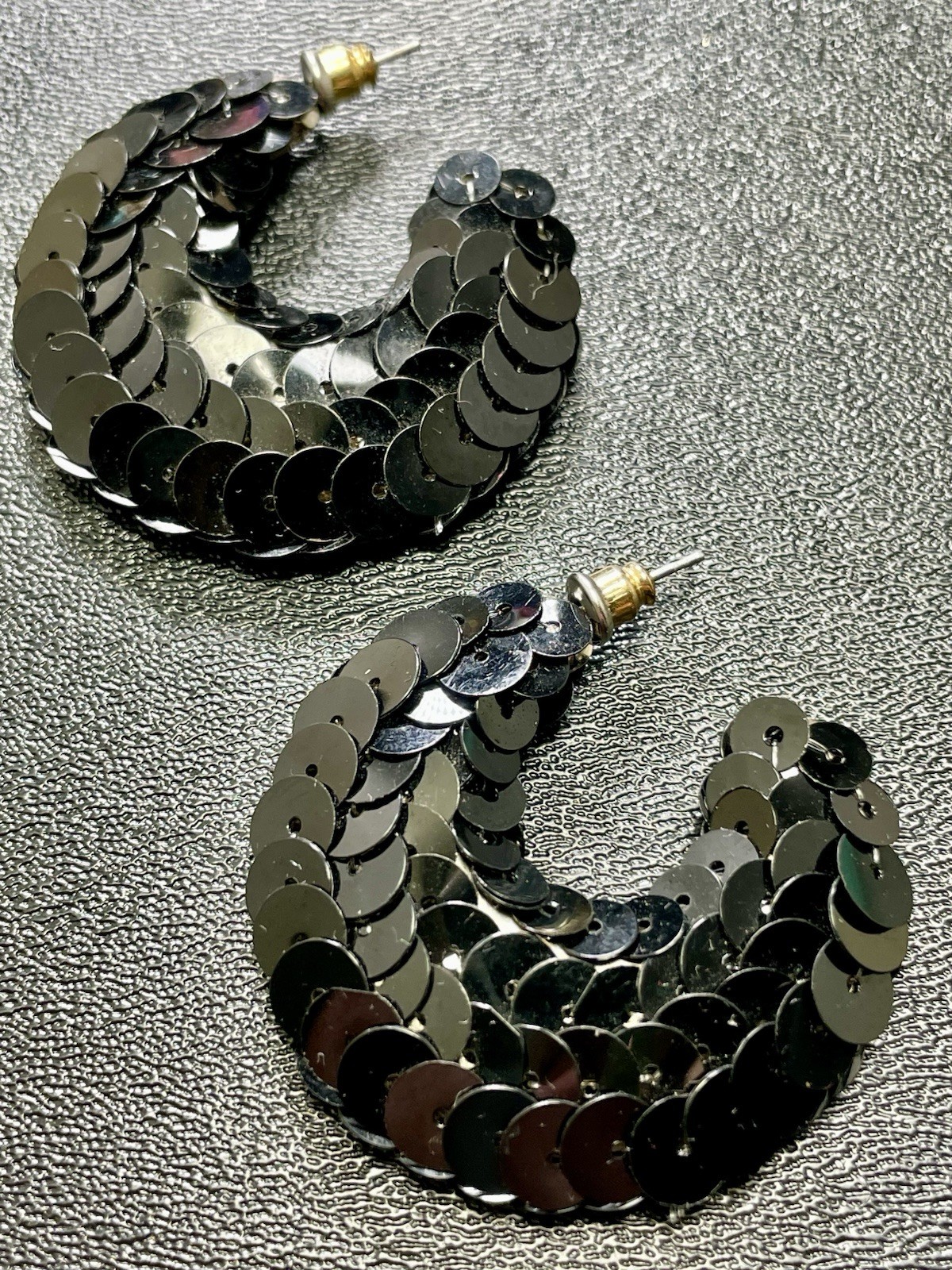 Vintage 1.5” Large Black Sequin Hoop Earrings