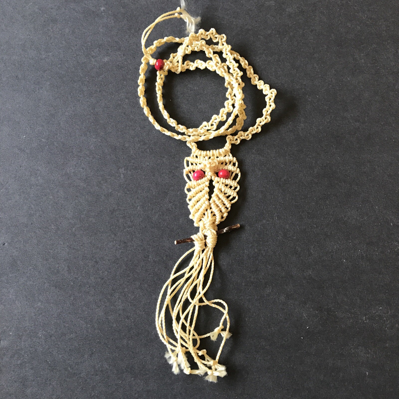 Vintage Macrame Owl Necklace Red Wood Bead Eyes Twig Branch Perch Handmade New