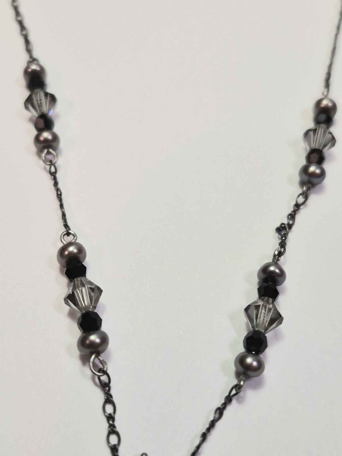 Vintage LIZ PALACIOS Necklace Dainty Crystal Pearl Black & Grey Delicate Signed