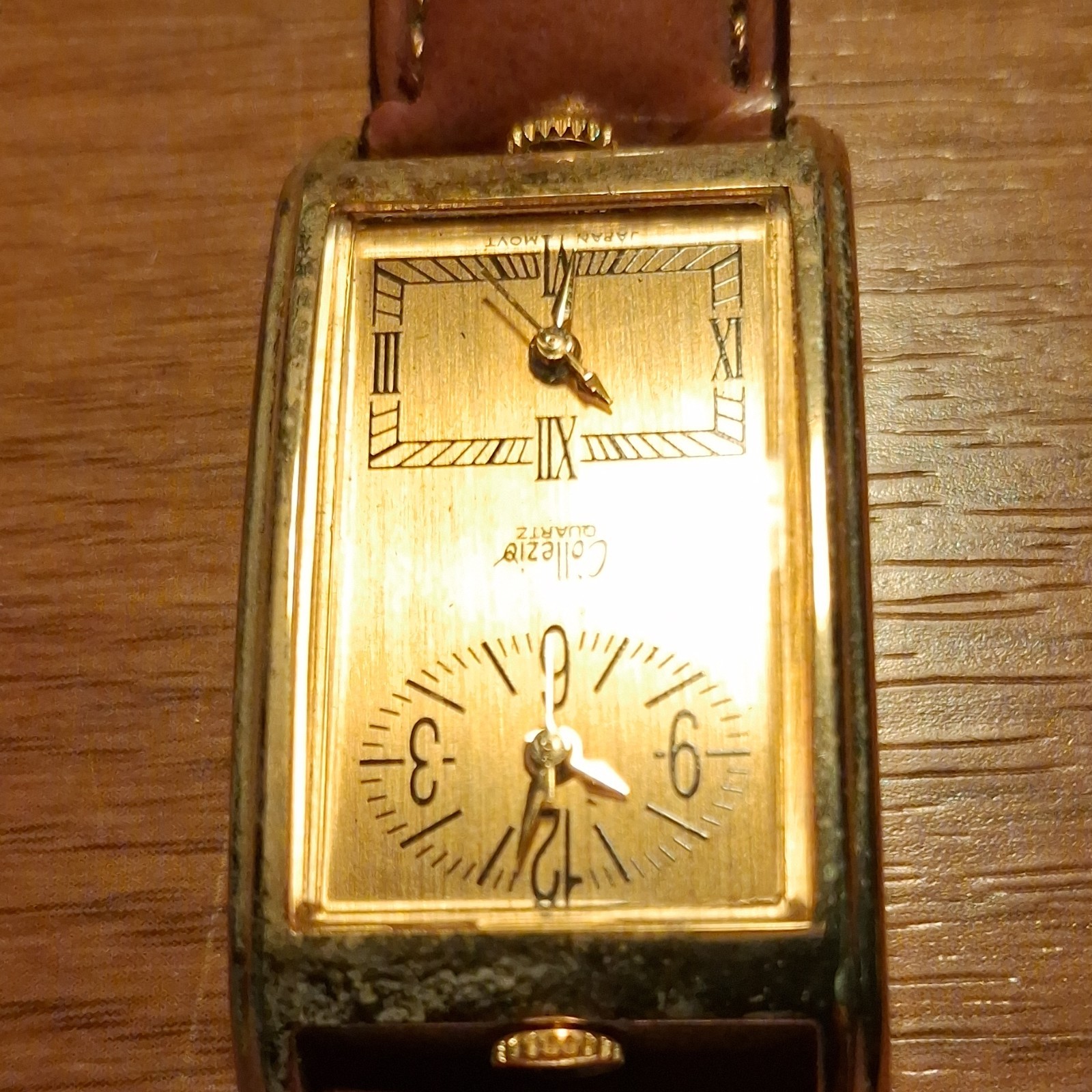 Collezio Dual Time Zone Wristwatch Gold Dial Gold Case Brown Leather Strap Rect…