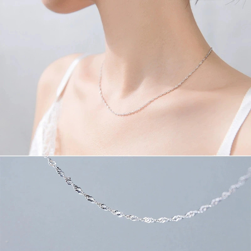 925 Sterling Silver Necklace 1.1mm Rolo Water Wave Chain 40-60cm Women Jewelry